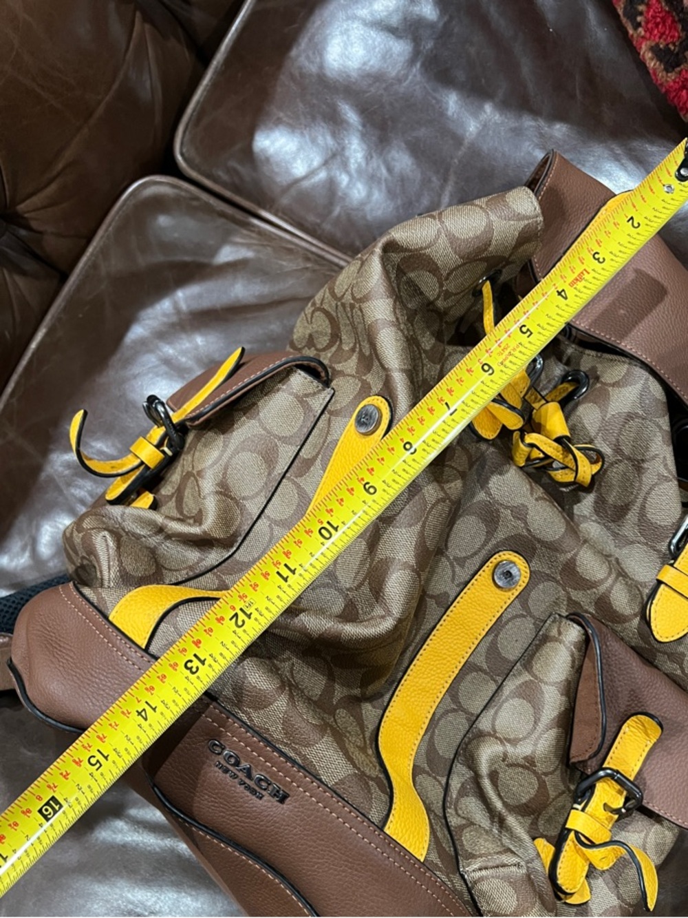 Coach Brown Signature Canvas Backpack with Yellow Leather Straps - Picture 7 of 10